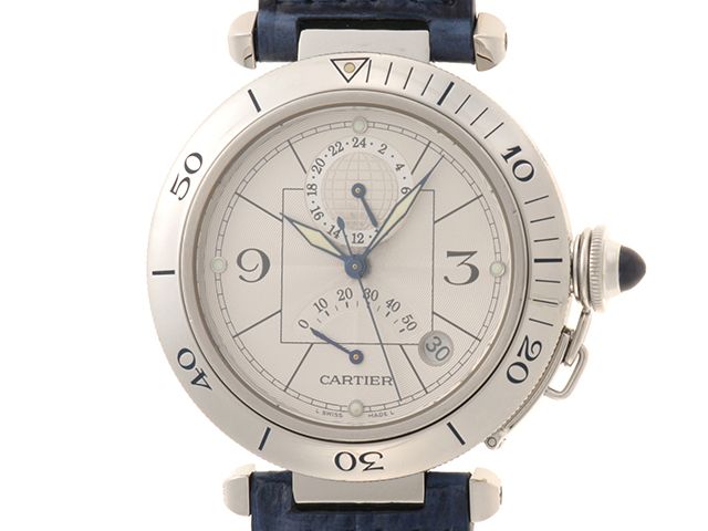 CARTIER カルティエ パシャ 38mm GMT パワーリザーブ W3103755 腕時計 スティール/社外製革ベルト シルバー文字盤 メンズ【中古】472