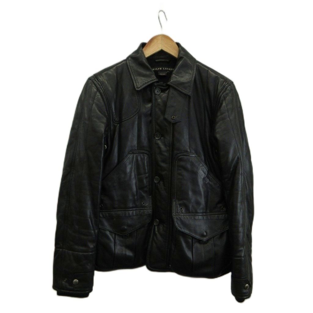 ラルフローレン RALPH LAUREN ハンティングジャケット ミリタリージャケット アウター 羊革 ラムレザー ジップアップ 6 M-L 黒 ブラック JKRBLA1527 /XZ ■GY50