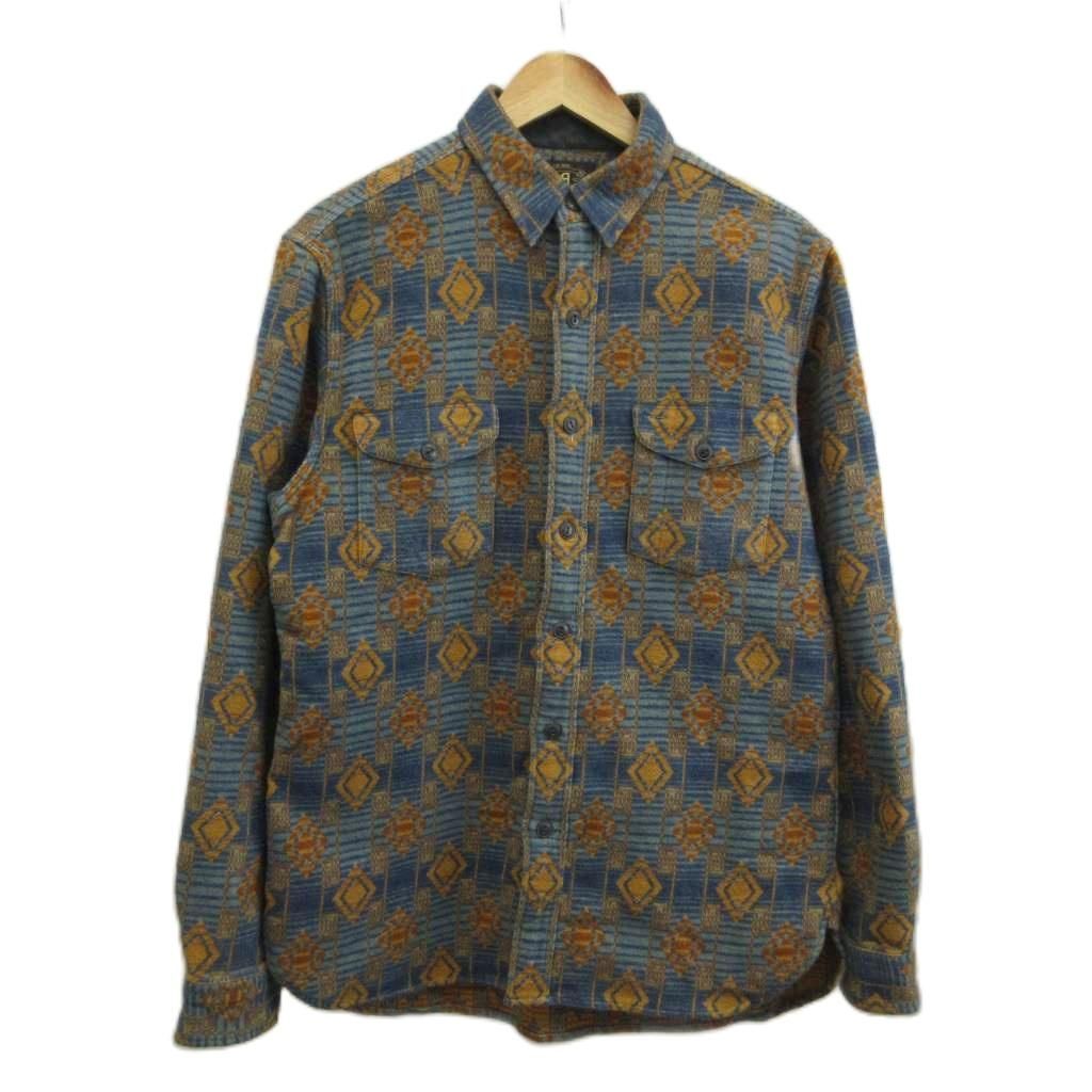 ダブルアールエル RRL ネイティブ ジャカード オーバーシャツ Native Jacquard Over Shirt 長袖 総柄 M 青 ブルー 茶色 ブラウン /XZ ■GY50