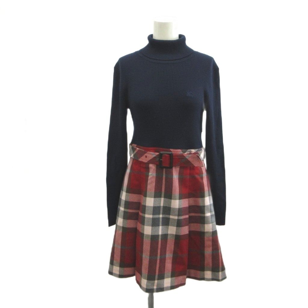 バーバリーブルーレーベル BURBERRY BLUE LABEL ワンピース ウール 38 紺 ネイビー 赤 レッド タートルネック 長袖 チェック柄 ミニ丈 /MD ■ECD005