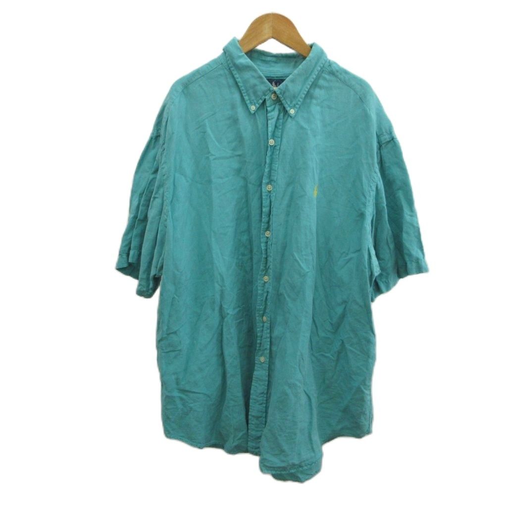 ラルフローレン RALPH LAUREN シャツ 絹 シルク リネン XXL ターコイズブルー ボタンダウン 半袖 無地 /RY ■ECD005