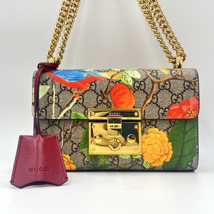 GUCCI（グッチ）ティアン パドロック スモール ショルダーバッグ チェーンバッグ GGスプリーム フローラル 鳥柄 ゴールド金具 499487【中古】