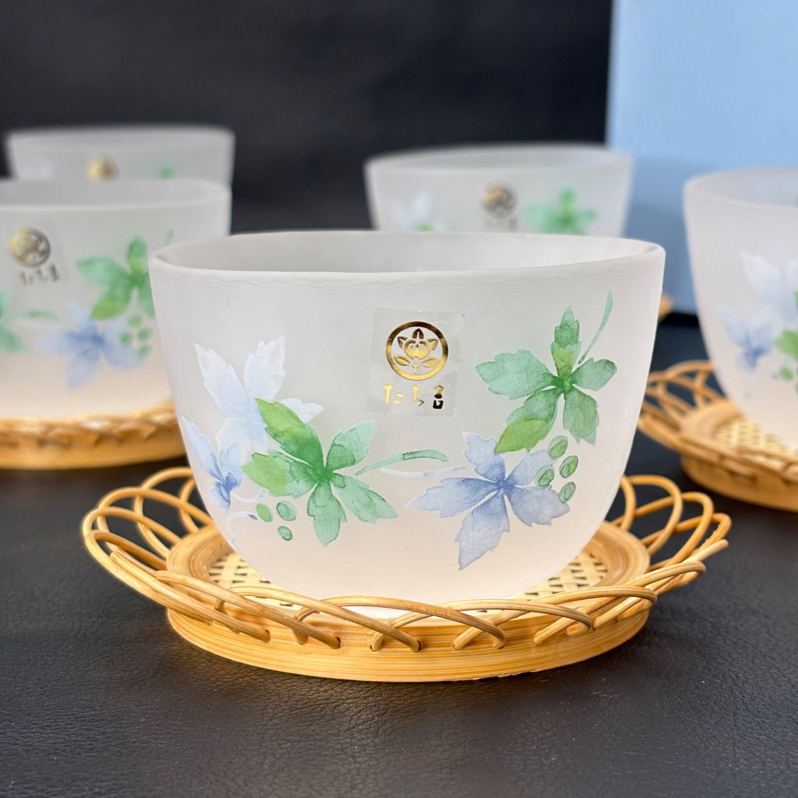 橘吉】風の色 冷茶碗揃 （茶托付）/ 未使用品 たち吉 冷茶グラス 5客 