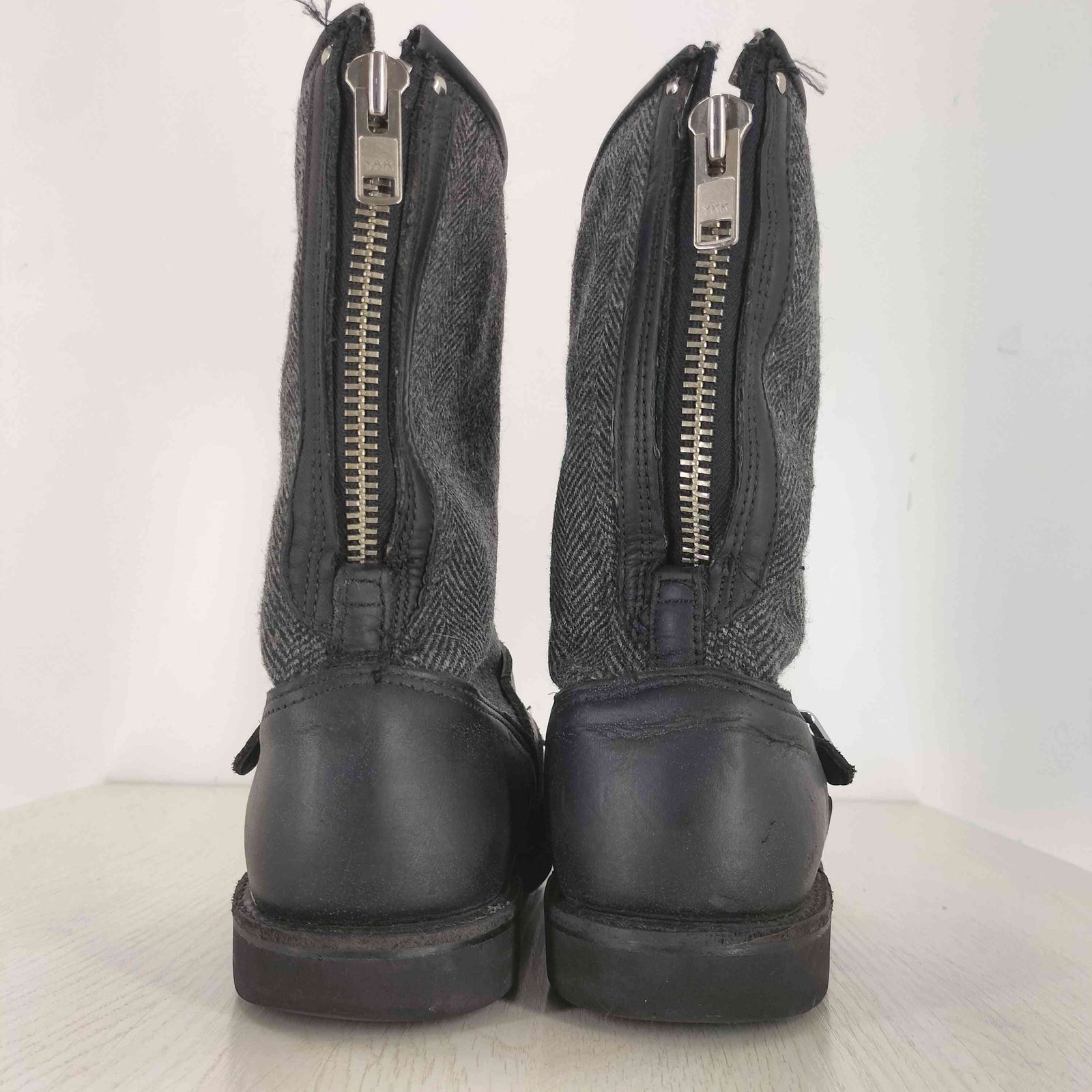 ユケテン Yuketen バックジップ ツイード切替レザーブーツ vibram
