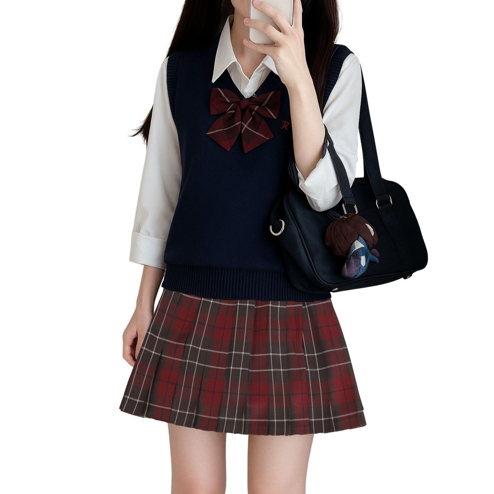 [CosMisty] 制服 女子高生 コスプレ 4点セット ニット チェックスカート 長袖シャツ リボン 洗える かわいい JK 学生服 学園祭 文化祭 撮影 ハロウィン ネイビー系 (ネイビーL) [ネイビーL]