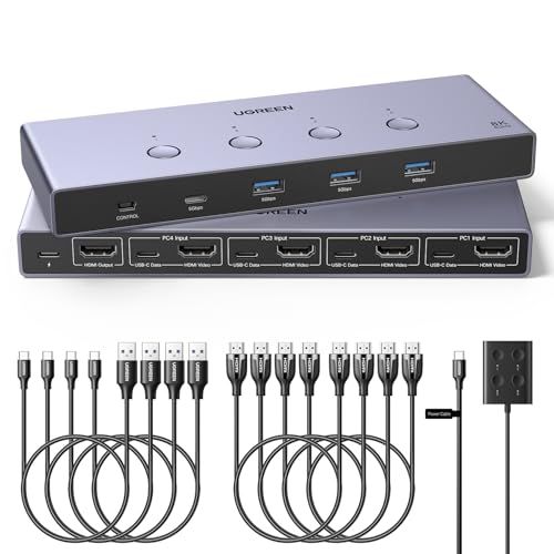 UGREEN 8K@60Hz HDMI KVM切替器 4コンピュータ用 4*USB 3.0ポート付き アルミKVMスイッチ 4入力1出力 4K@240H対応 1モニタ/キーボード/マウス/ハードドライブ/プリンタを共有 HDMIケーブル4本、 a840f9c8