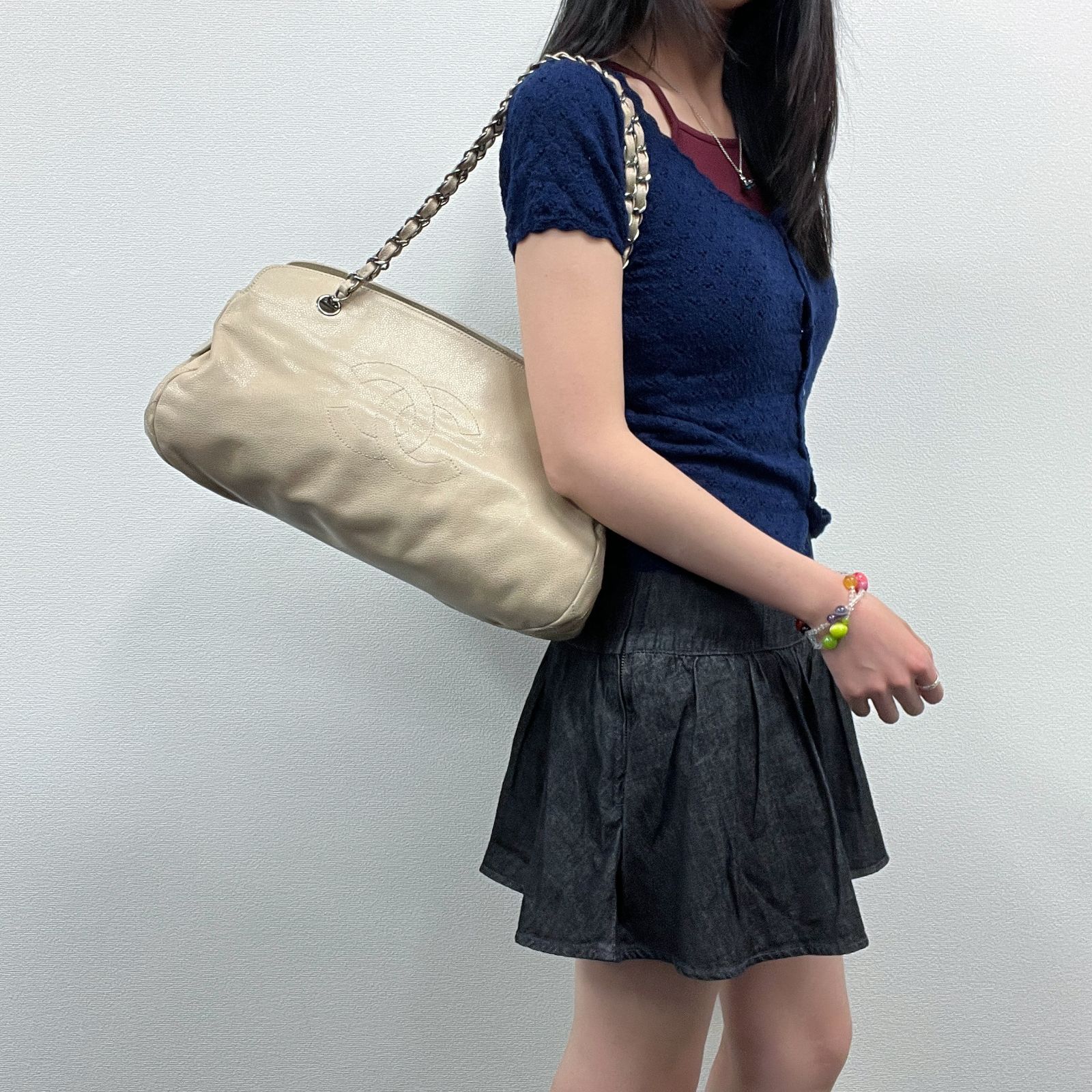 【中古】CHANEL シャネル チェーンショルダー ボストンバッグ ショルダーバッグ キャビアスキン ベージュ 金具シルバー シール13番台 ヴィンテージ レディース HIBUOCHI VINTAGE hboc260611a09