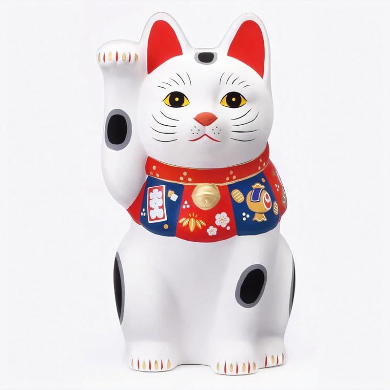 【新品】 薬師窯 招き猫(白・大)福づくし (開運シール付)