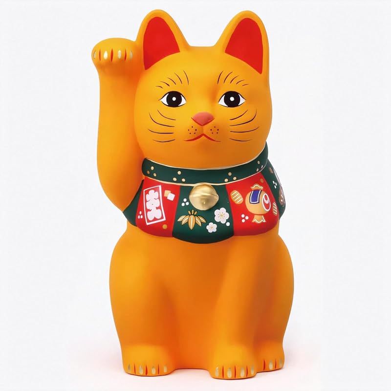 【新品】 薬師窯 招き猫(黄・大) 福づくし (開運シール付)