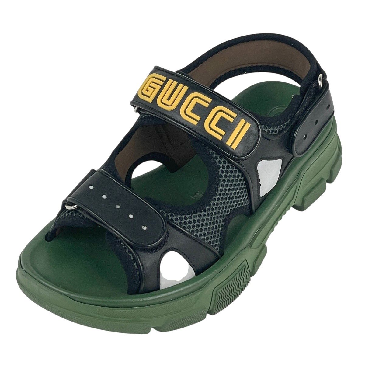 グッチ GUCCI ロゴ メッシュ サンダル 靴 レザー ラバー カーキ メンズ 【中古】