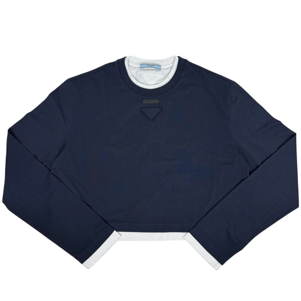 プラダ PRADA トライアングルロゴ 長袖Tシャツ レイヤード トップス 綿 ネイビー ホワイト レディース 【中古】