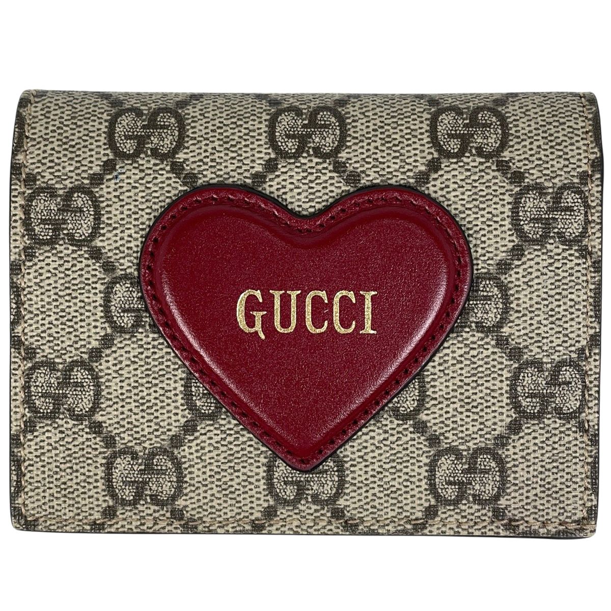 グッチ GUCCI GG柄 二つ折り財布 ハート レザー ベージュ レッド 648848 レディース 【中古】