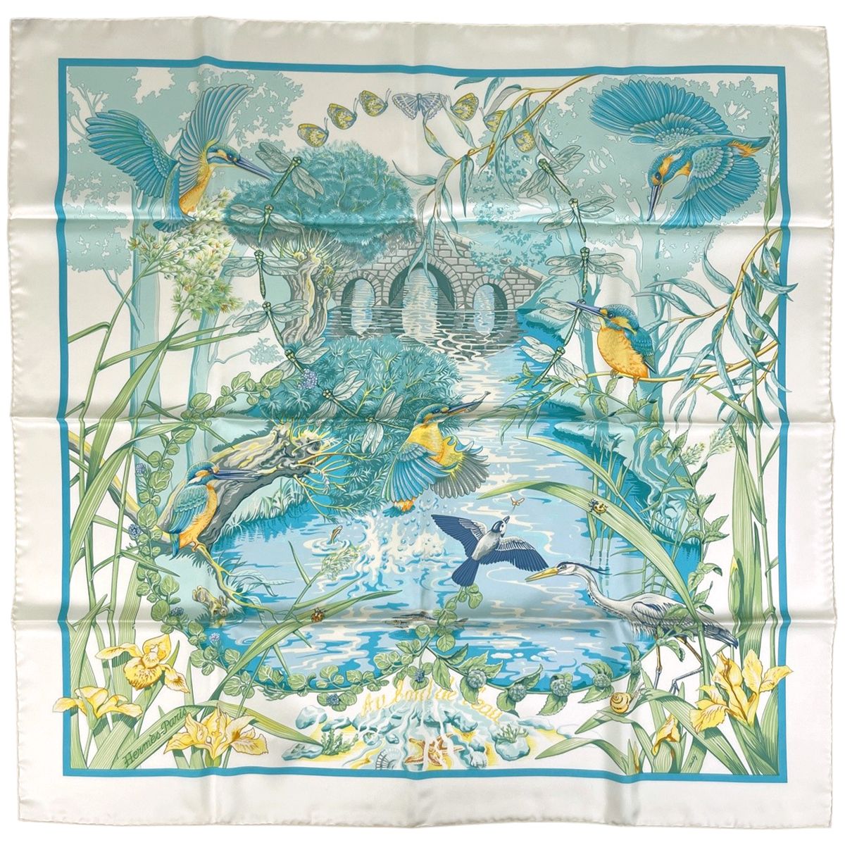 エルメス HERMES カレ90 Au bord de l’eau 翡翠鳥 スカーフ シルク ホワイト ブルー レディース 【中古】