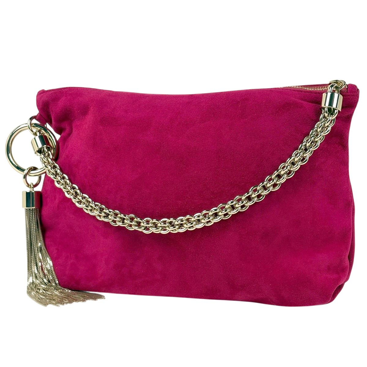 ジミーチュウ JIMMY CHOO ロゴ チェーン ハンドバッグ フリンジ スエード ピンク レディース 【中古】