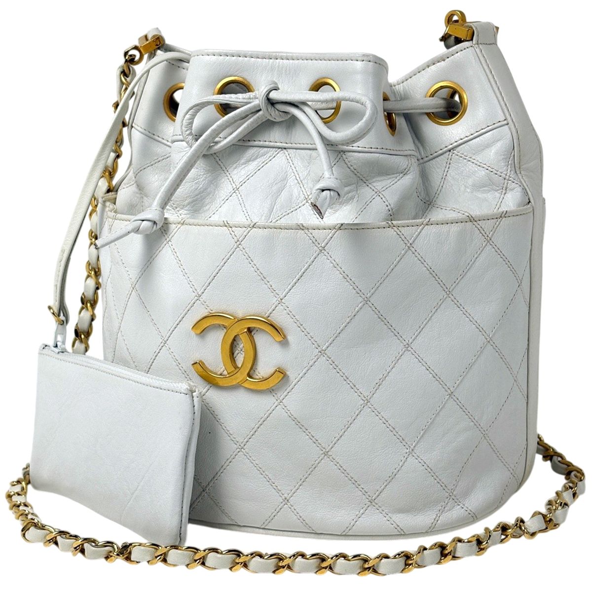 シャネル CHANEL ココマーク チェーン ショルダーバッグ 巾着型 レザー ホワイト レディース 【中古】
