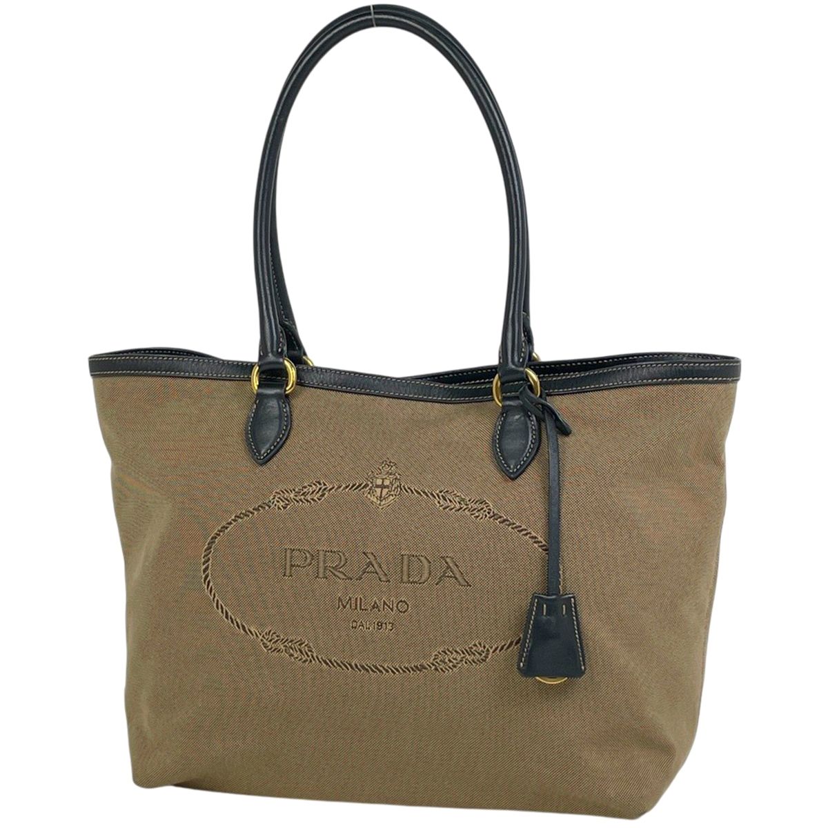 プラダ PRADA ロゴ トートバッグ ジャカード キャンバス ブラウン ブラック 1BG158 レディース 【中古】