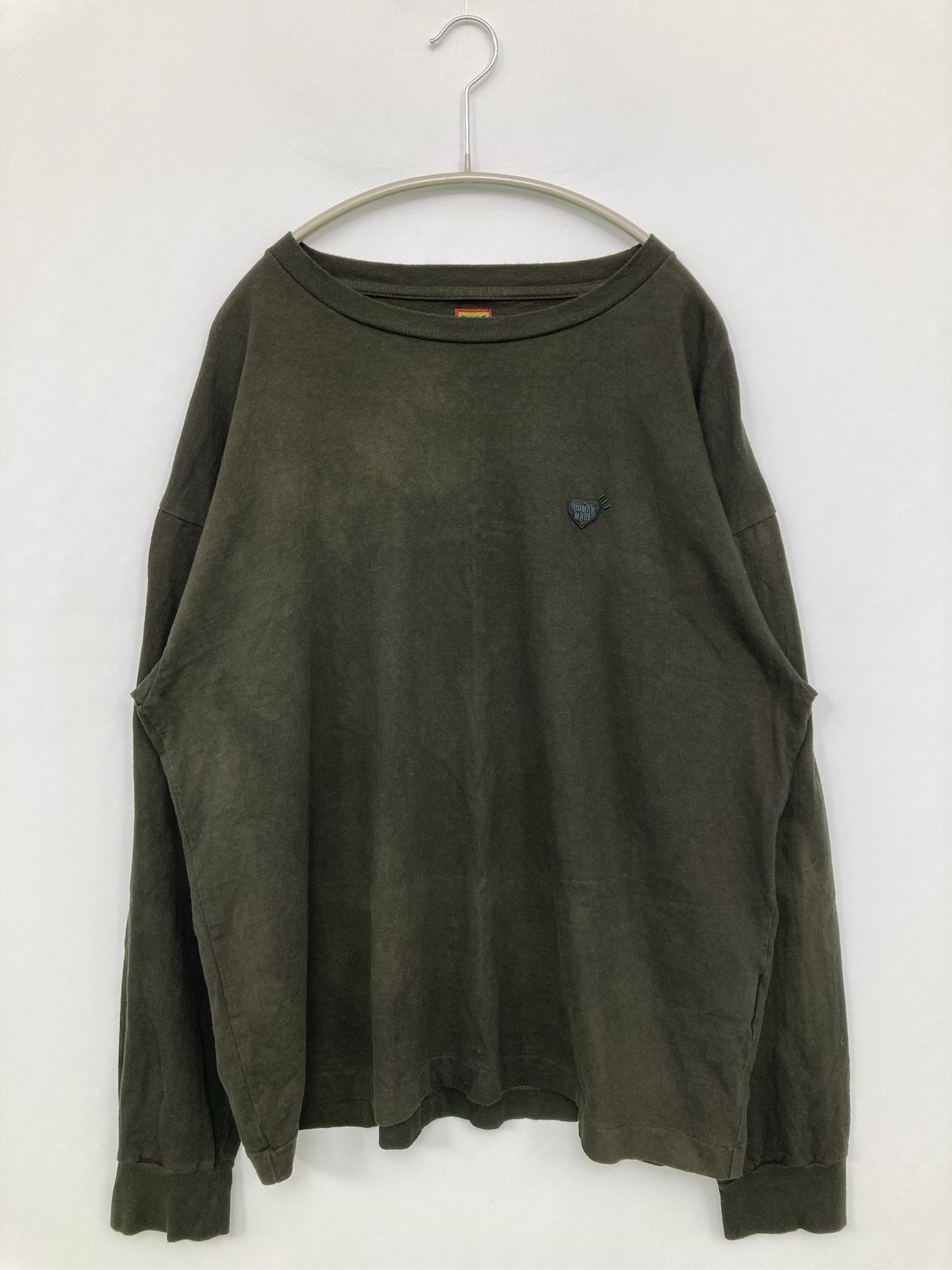 HUMAN MADE ヒューマンメイド Tシャツ/カットソー XL カーキ クルーネック(丸首) 長袖 バックプリント ワンポイント ブランドロゴ ミドル丈 メンズ