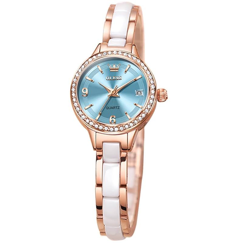 【新品】 OLEVS 腕時計 レディース 人気 かわいい セラミック ダイヤモンド クオーツ 防水 夜光 プレゼント watch for women gold-blue
