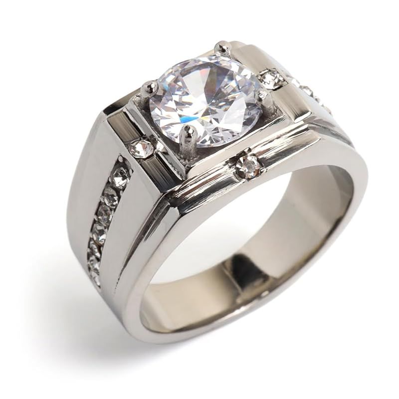 【新品】 [silver KYASYA]ステンレス 印台リング 一粒リング ゴールド シルバー 18K GP gold ジルコニア パヴェ 重厚感 メンズ 指輪 男性 金属アレルギー対応（シルバー、24号）