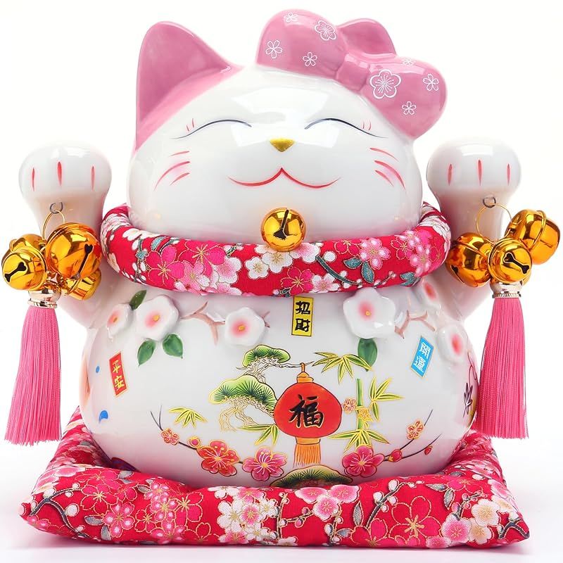 【新品】 EnergyPower 招き猫 プレミアム白磁製 松竹梅 大型 座布団付 貯金箱 磁器製 金運招財 まねき猫 手描き ハンドメイド ネコ ねこ 開店祝いや開業祝いに ラッキーアイテム 運気向上 金運アップ 商売繁盛 開運 招福 風水 厄除け 家内安全