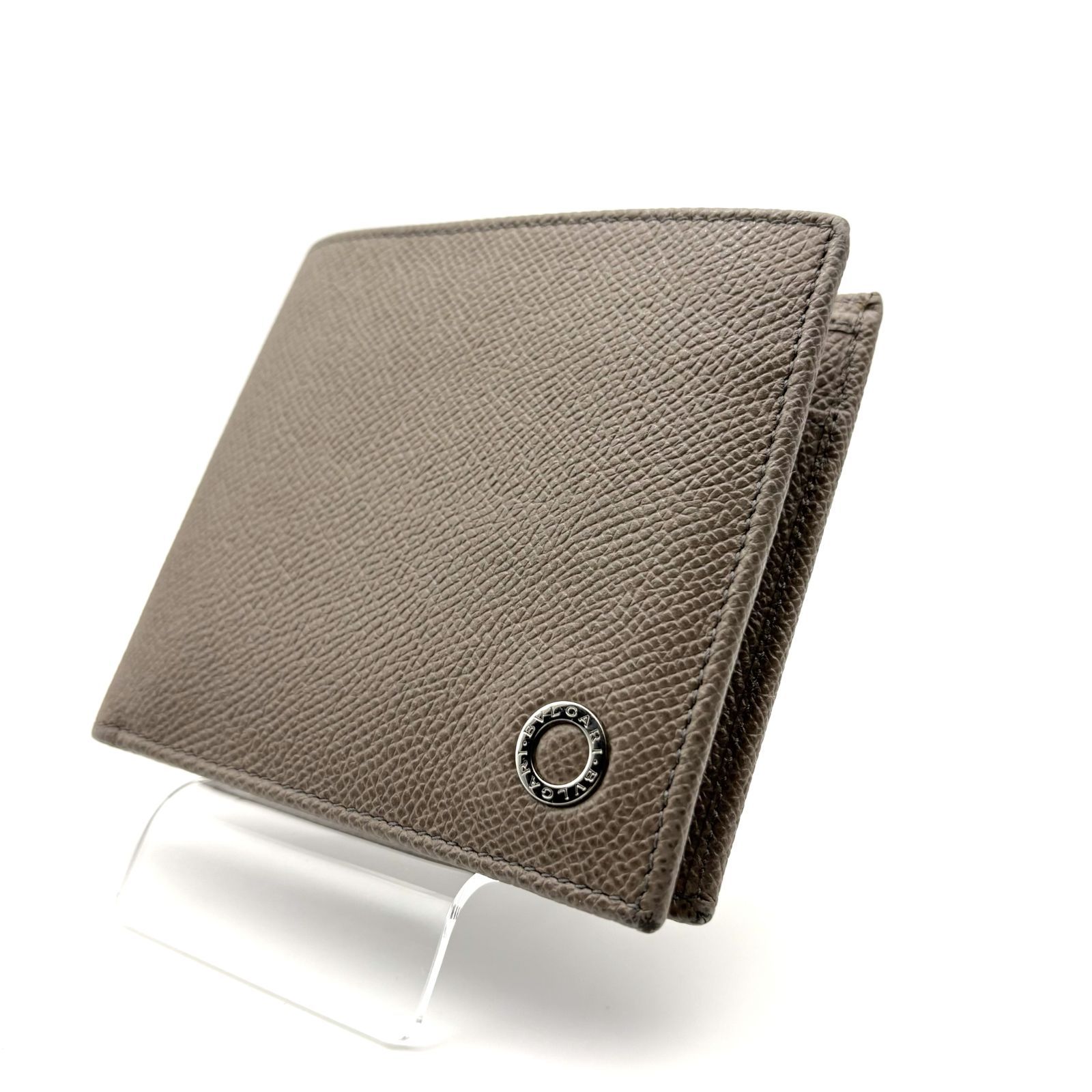 【 美品 】BVLGARI　ブルガリ　ブルガリブルガリ　マン　サークルロゴ　二つ折り財布　レザー　グレージュ