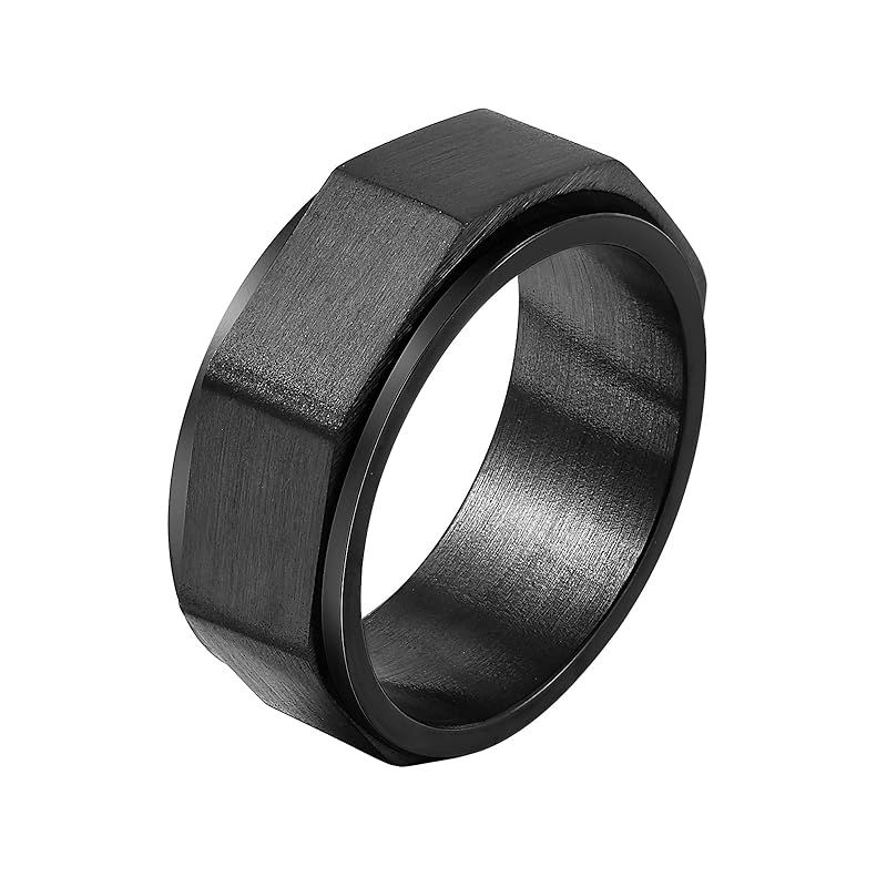 【新品】 [Rockyu] 指輪 メンズ リング ステンレス 八角形 回転デザイン ブラック シルバー ゴールド 幅広 金属アレルギー対応 結婚式 誕生日 バレンタイン クリスマス ギフト (ブラック, 19)