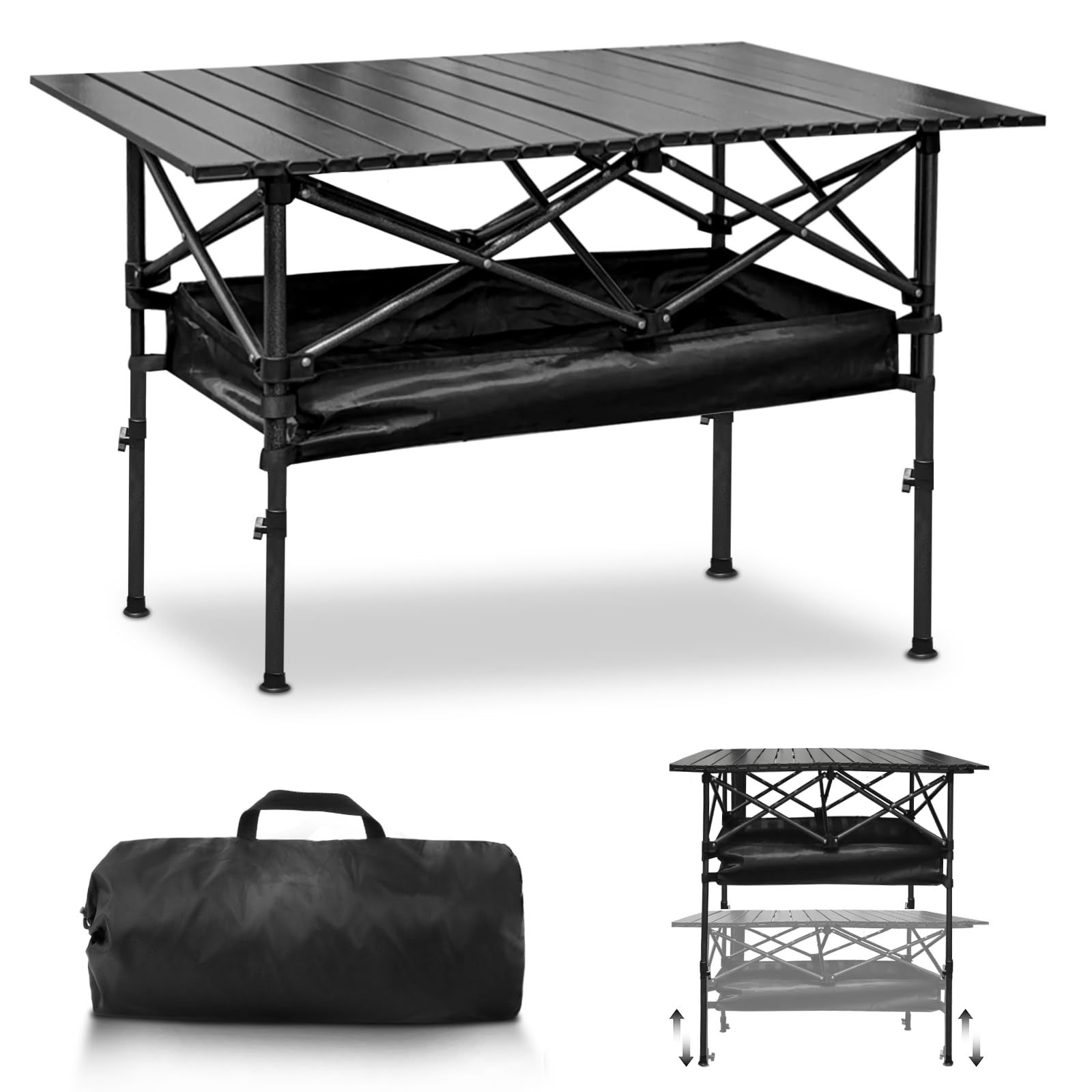 Weeday キャンプテーブル 折りたたみテーブル 軽量 3.4kg 耐荷重80kg キャンプ用 アウトドア コンパクト収納袋付 4-6人用 防水 (ブラック、高さ調整可能、95×55×(55-85)cm) (95高さ調整可能)★ ffcd2743