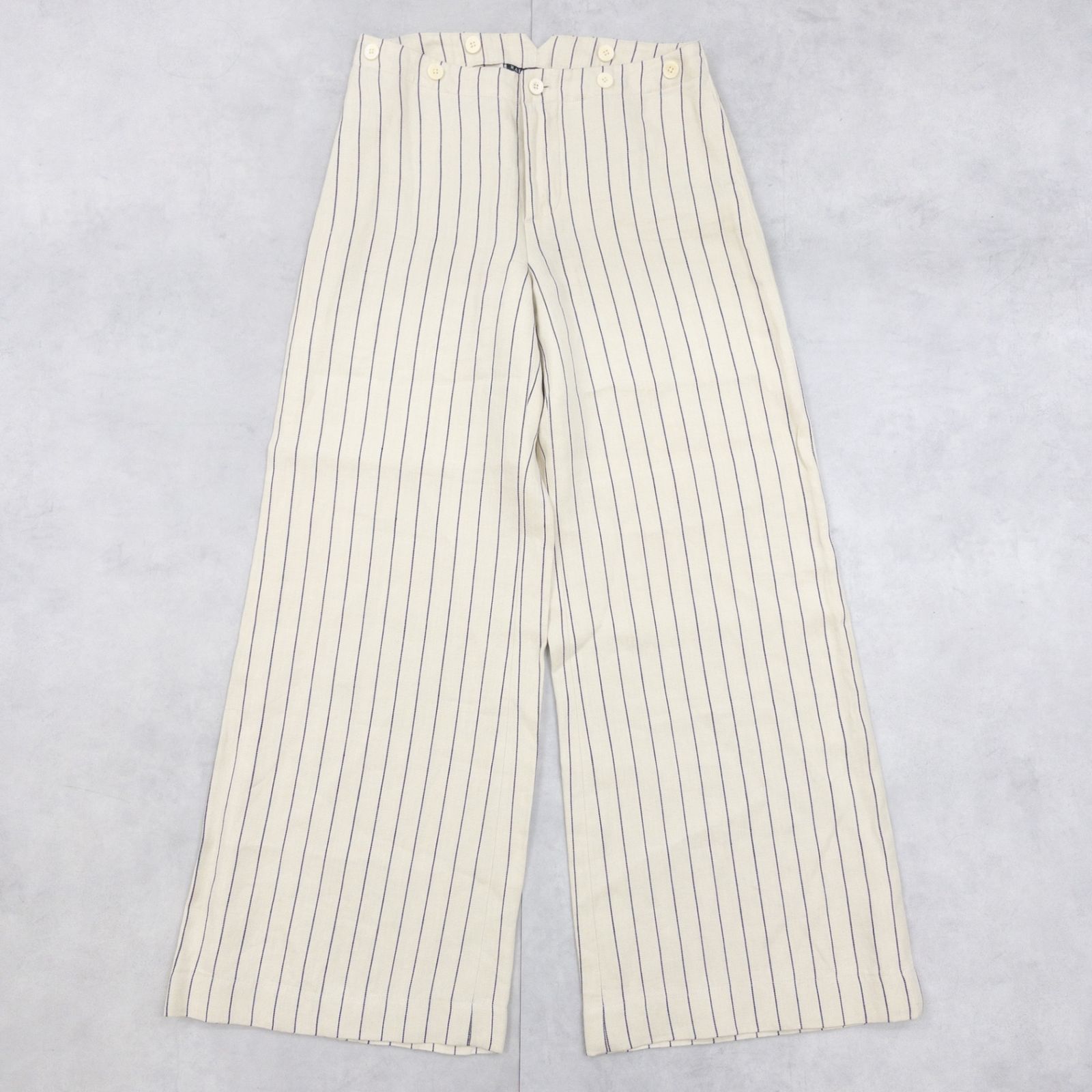 RALPH LAUREN ラルフローレン ワイドパンツ バギー ストライプ柄 サスペンダーボタン リネン アイボリー 日本製 レディース 11号 b01774