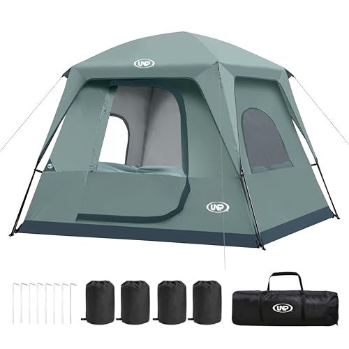 ☆新品☆UNP キャンプテント 4人用 ドームテント ツーリングテント ４?５人用 大空間 簡単設営 通気 日よけ防風 軽量 防水加工＆上部レインフライ付き 組み立て式 収納袋付き アウトドア キャンピング 登山/花見/防災用 サイズ :24 09e7949b