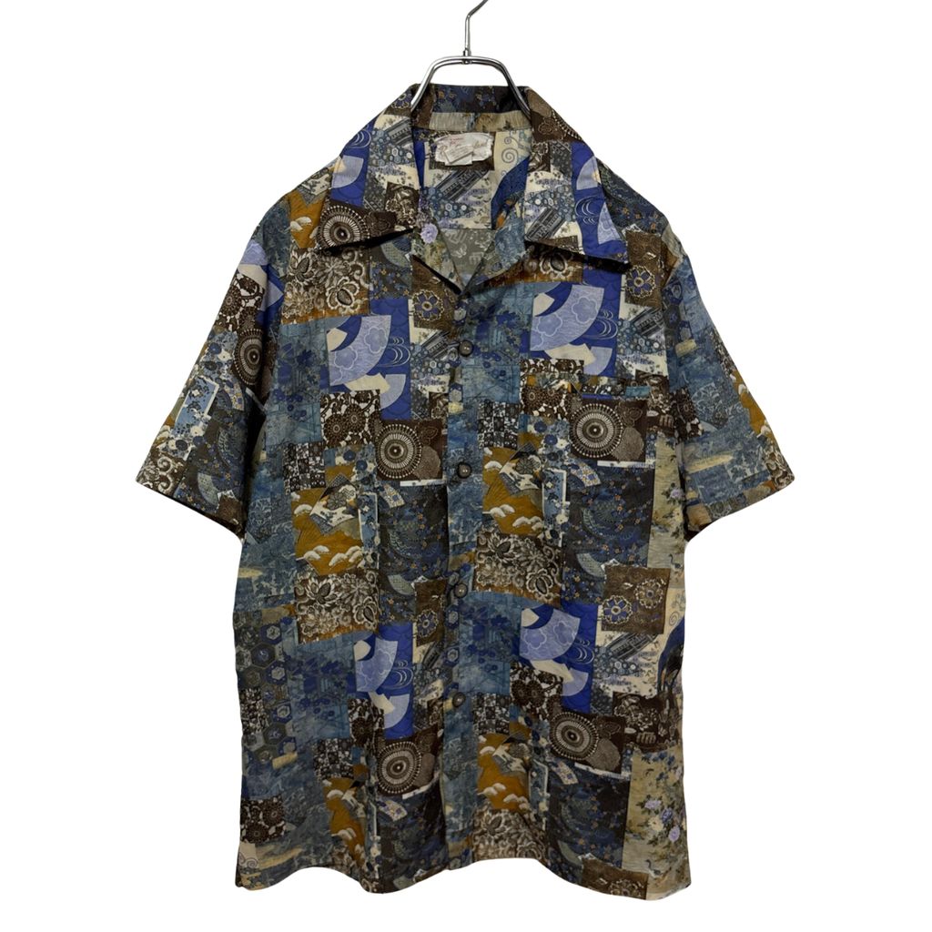 【Ross Sutherland】50～60s Vintage Aloha Shirt USA製 ハワイ 和柄 扇子 オープンカラーアロハシャツ S-6949