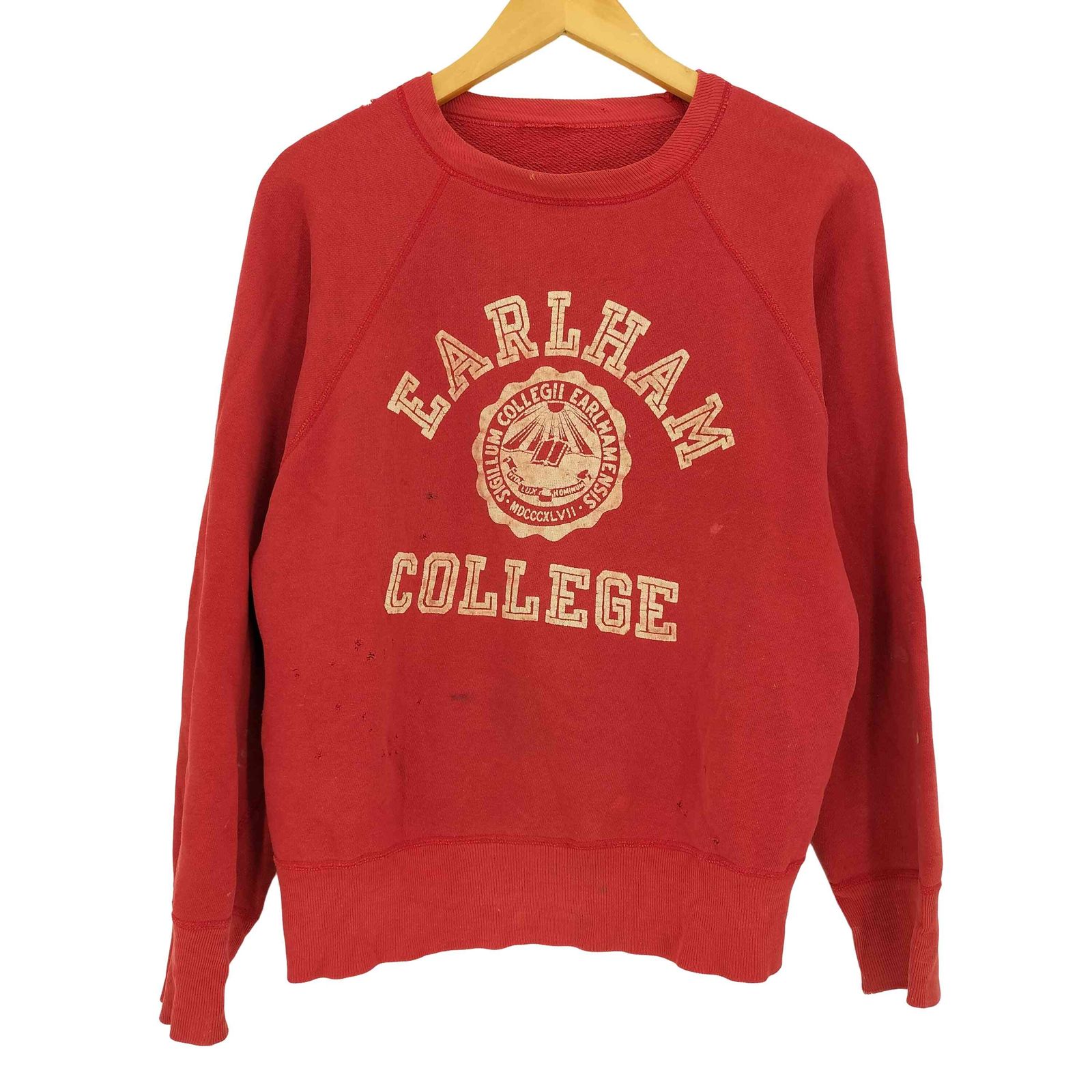 ユーズドフルギ USED古着 50-60s 4本針 リブ長 EARHAM COLLEGE フロッキープリント ラグラン カレッジ スウェット メンズ 表記無