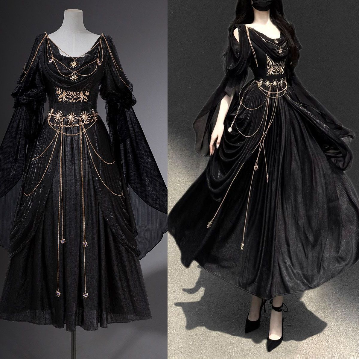 新品 ロリータ ワンピース ゴスロリ 黒 ドレス ハロウィン 衣装 ゴシック 長袖 ロング丈 舞台服 撮影会 コスプレ