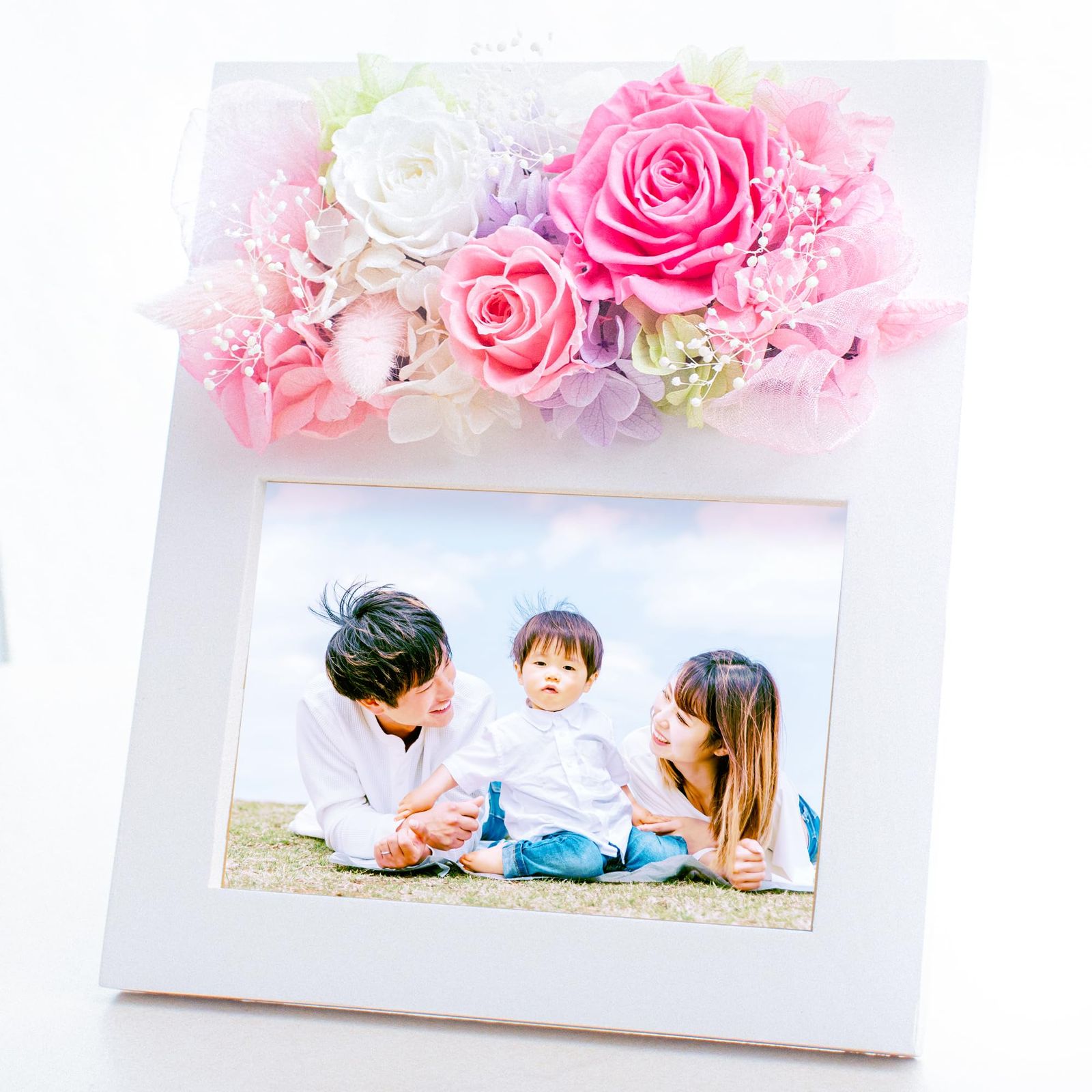 プリザーブドフラワー 写真立て 結婚祝い 誕生日 プレゼント フォトフレーム 結婚記念日 写真入り 結婚式 記念日 女性 ブリザードフラワー L版 ピンク/ 82acc57a