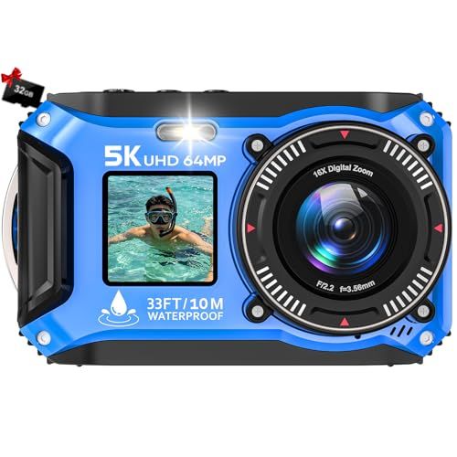 デジカメ 5K録画 64MP 水中カメラ 10M 防水 デュアルスクリーン 防水カメラ 自撮り オートフォーカス 16倍デジタルズーム ウェブカメラ 32GB付き 操作簡単 防塵 コンパクト 浮力ボディ設計 アウトドア ダイビング用Ju