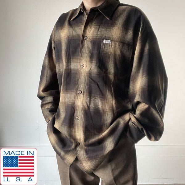 新品同様 USA製 Cal Top オンブレチェック柄 長袖 シャツ 3XL ブラウン×カーキ系 アメリカ製 極美品 D154-14-0012ZV