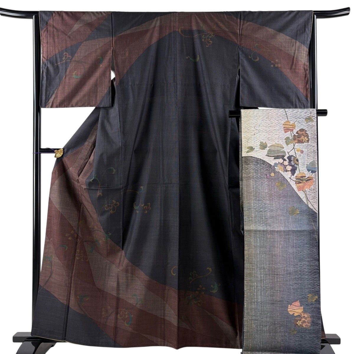 【美品】 訪問着 身丈162.5cm 裄丈64.5cm M 袷 紬地 袋帯セット 花唐草 茶紫 正絹 秀品 【中古】