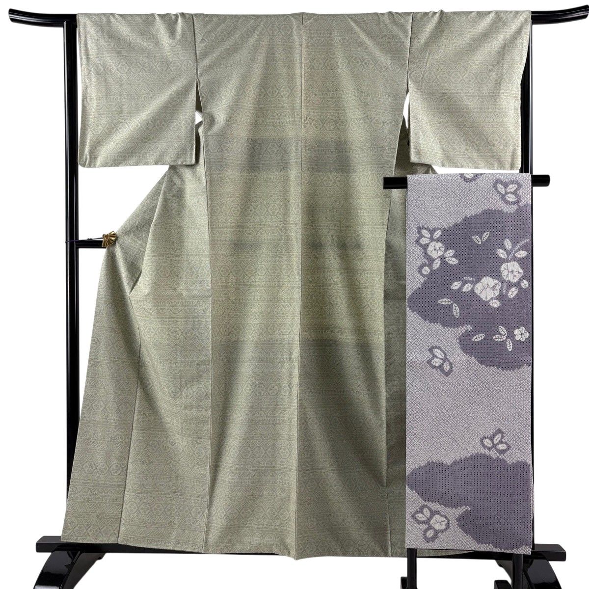 【美品】 紬 身丈160cm 裄丈65.5cm M 袷 開き名古屋帯セット 横段 幾何学 灰緑 正絹 秀品 【中古】