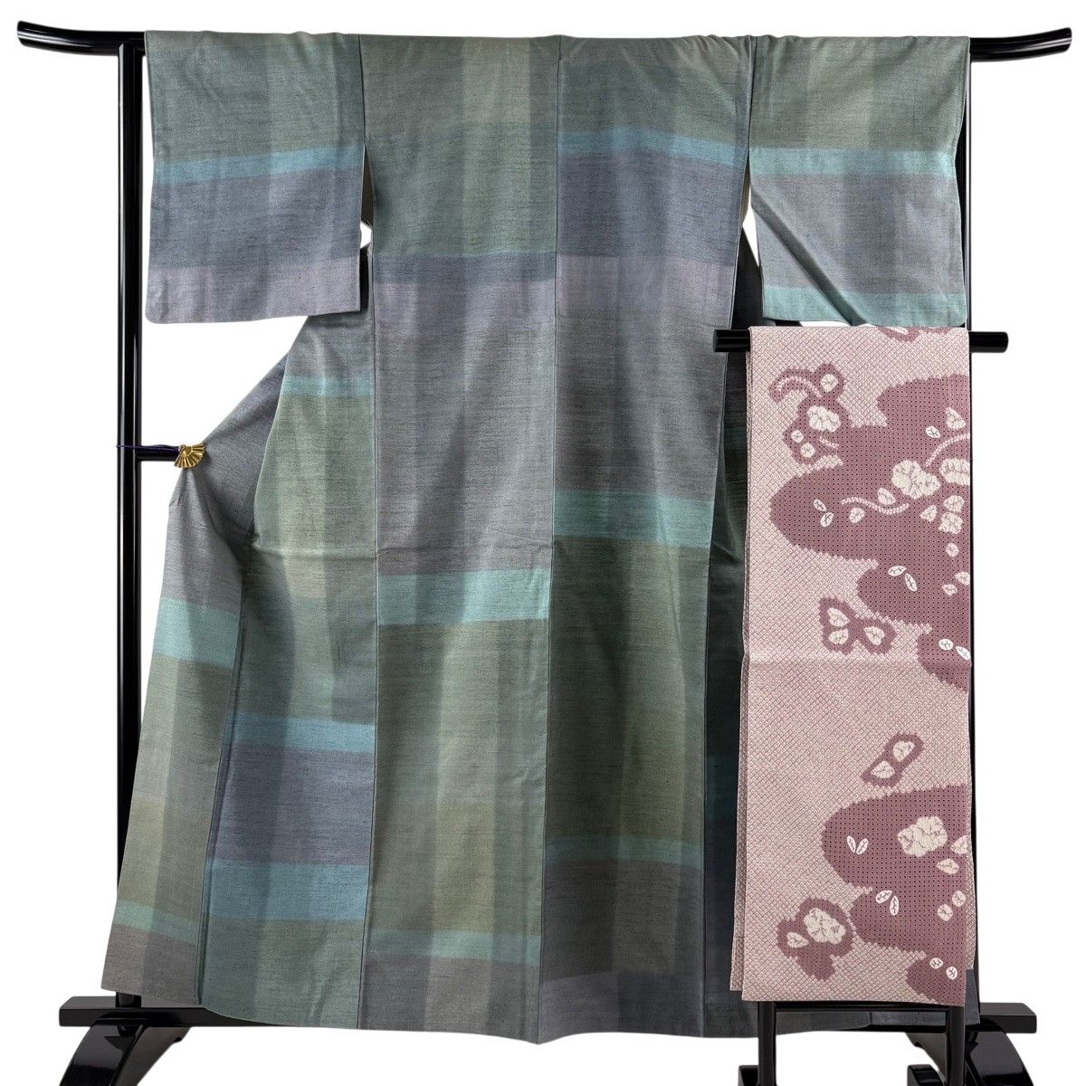 【美品】 小紋 身丈160cm 裄丈64.5cm M 袷 紬地 開き名古屋帯セット 幾何学 灰緑 正絹 秀品 【中古】