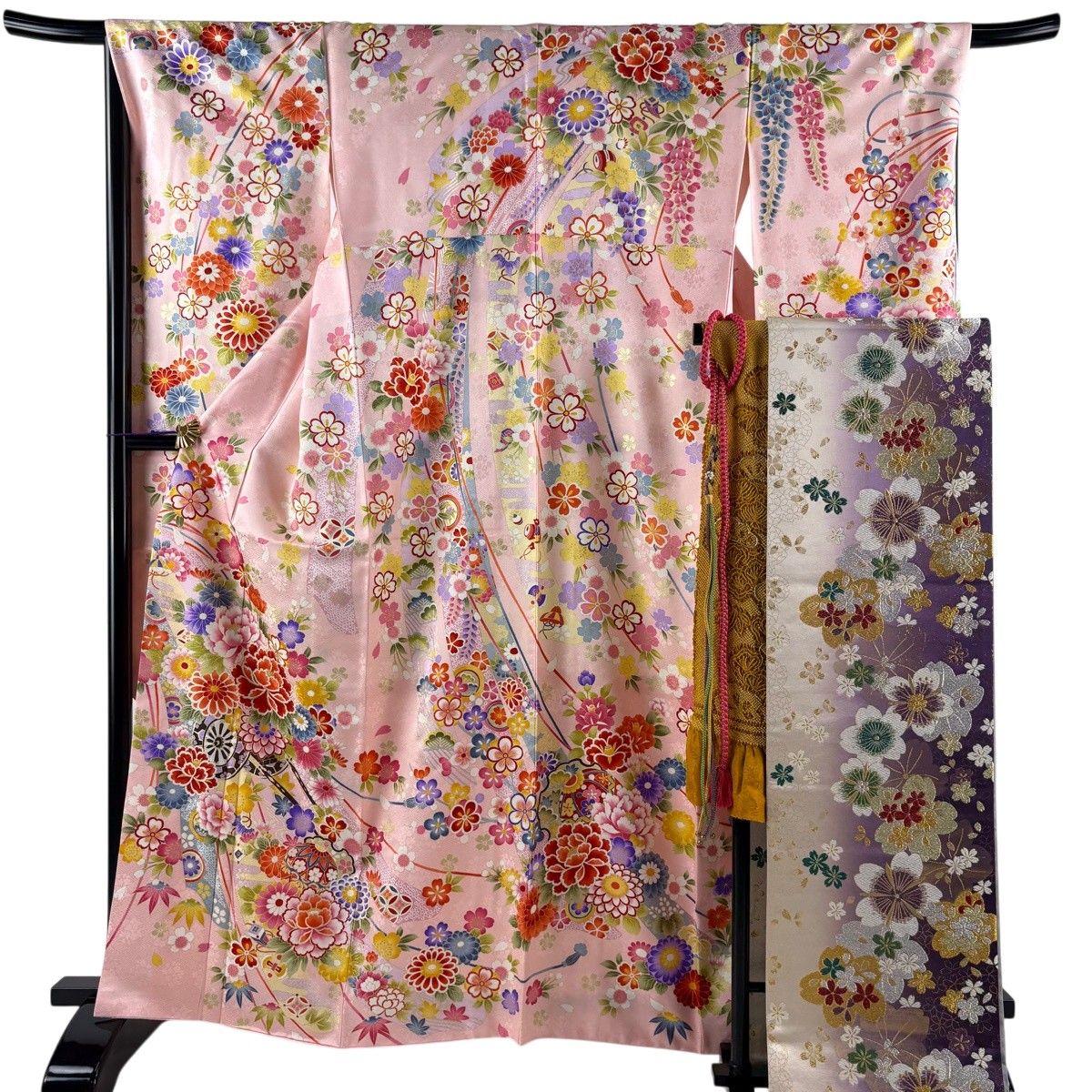 【美品】 振袖 身丈164cm 裄丈68cm L 袷 袋帯フルセット 花車 松竹梅 箔 金彩 薄ピンク 正絹 秀品 【中古】