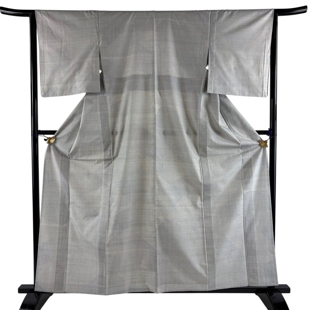 紬 身丈160cm 裄丈64cm M 単衣 銀座もとじ 縞 幾何学 灰色 正絹 逸品 【中古】