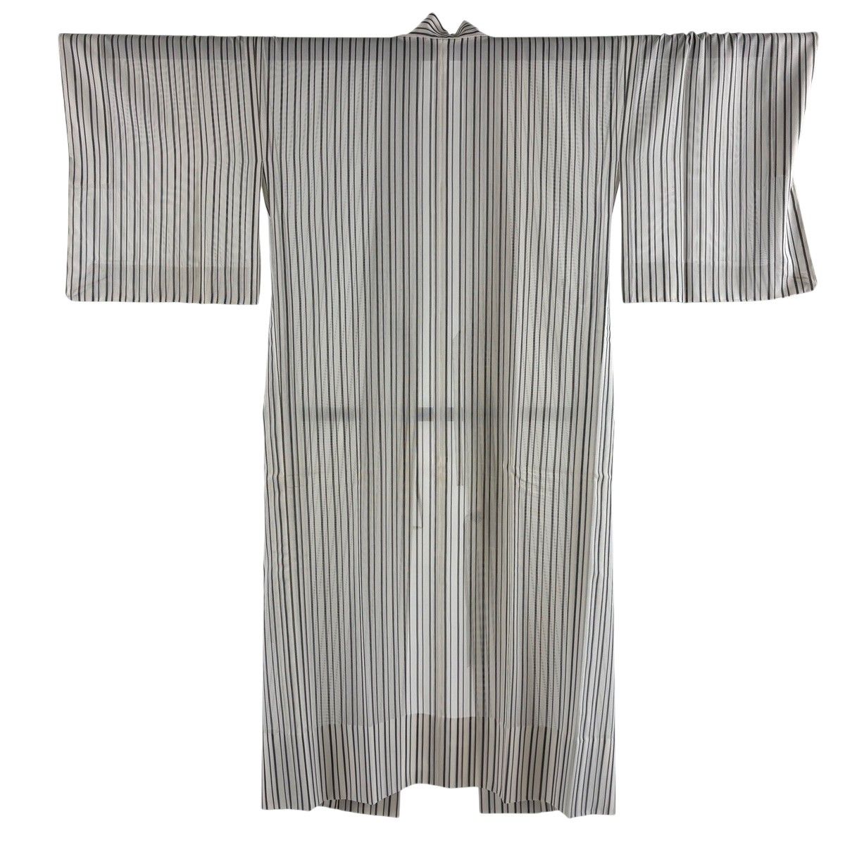 道中着 身丈137cm 裄丈67.5cm L 和装コート 紗 落款 証紙 縞 クリーム 正絹 逸品 【中古】