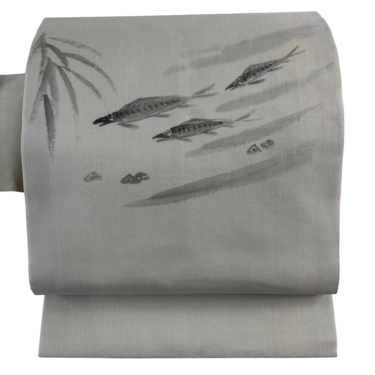 【美品】 名古屋帯 名品 落款 魚 流水 灰色 正絹 【中古】