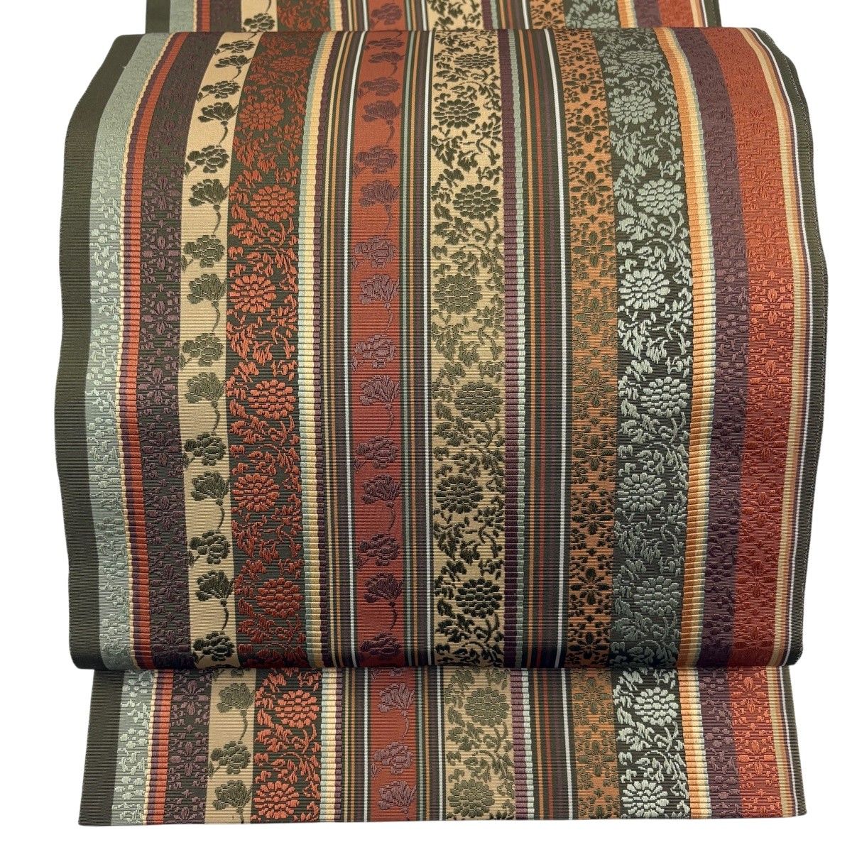 【美品】 袋帯 名品 落款 縞 草花 茶緑色 全通 正絹 【中古】