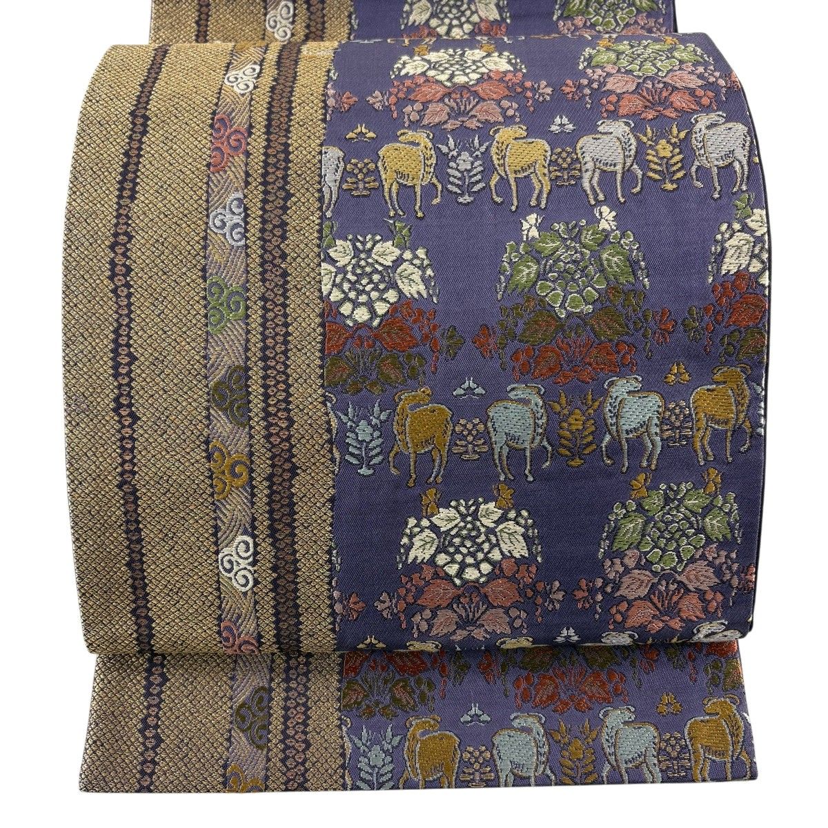 袋帯 名品 動物 草花 金糸 刺繍 紫 六通 正絹 【中古】