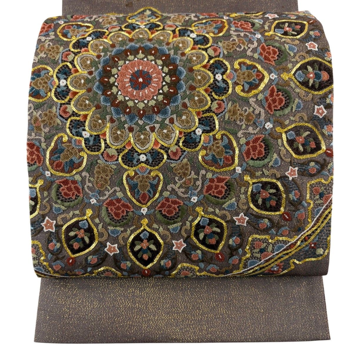 袋帯 名品 華文 草花 相良刺繍 金糸 灰紫 お太鼓柄 正絹 【中古】