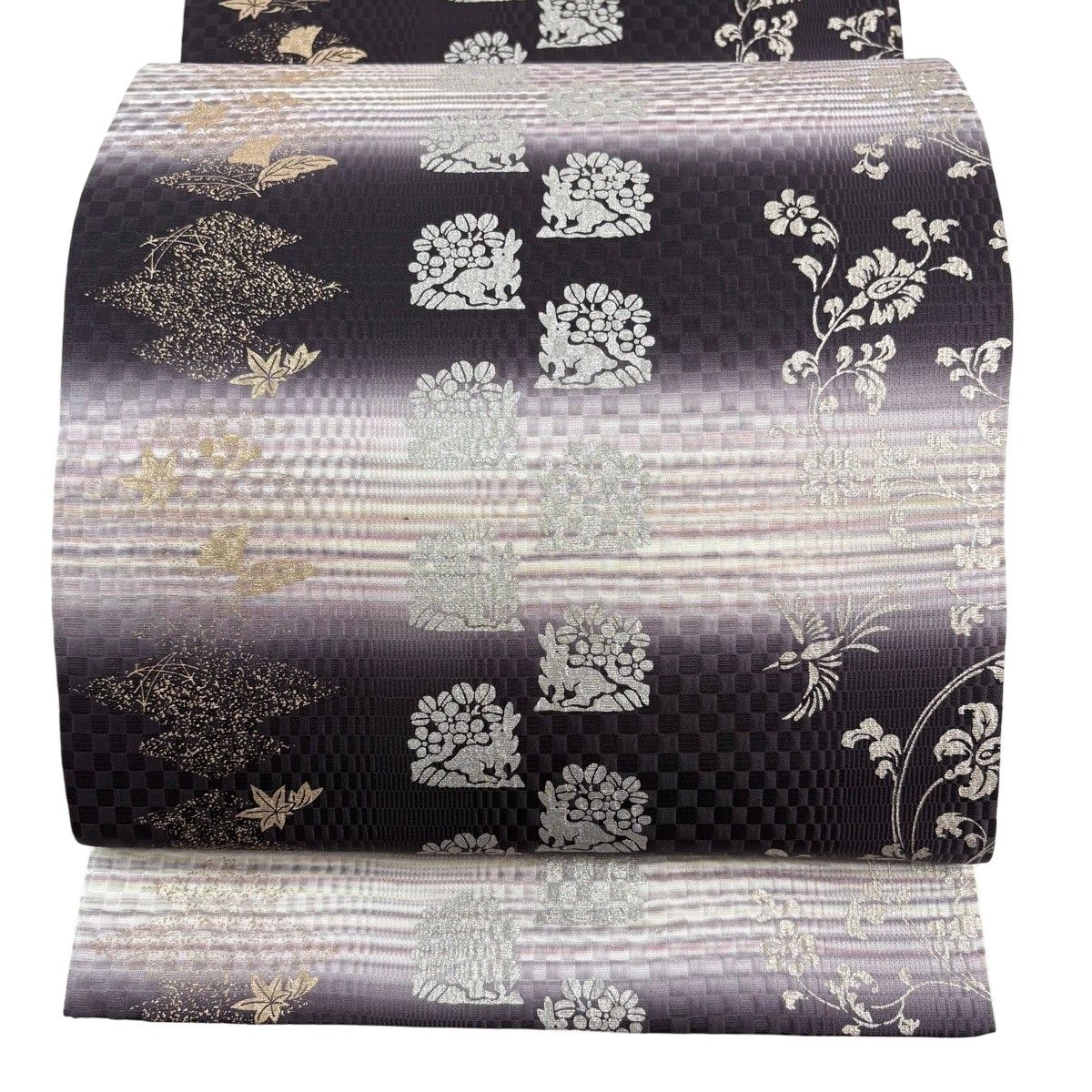 【美品】 袋帯 秀品 落款 一期一会 うさぎ 草花 金銀彩 紫 六通 正絹 【中古】