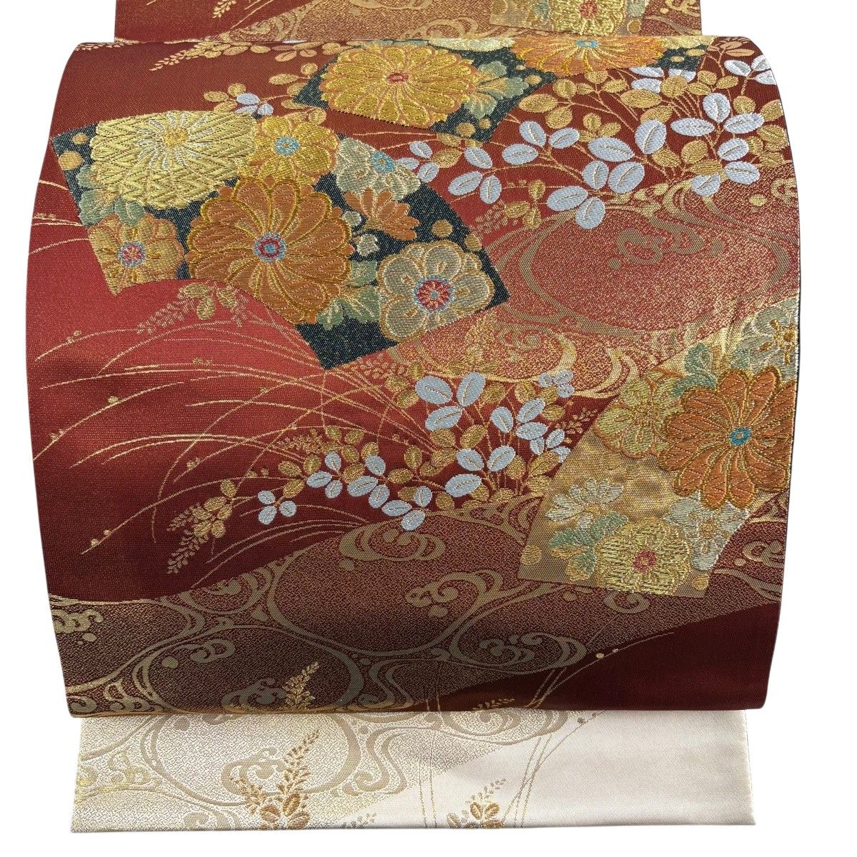 【美品】 袋帯 秀品 証紙 扇面秋草流水紋 金糸 箔 赤茶 お太鼓柄 正絹 【中古】