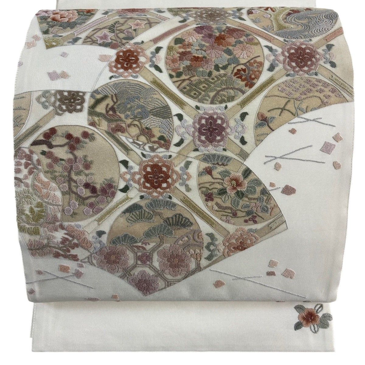 【美品】 袋帯 秀品 菱天井 草花 相良刺繍 金銀彩 灰色 お太鼓柄 正絹 【中古】