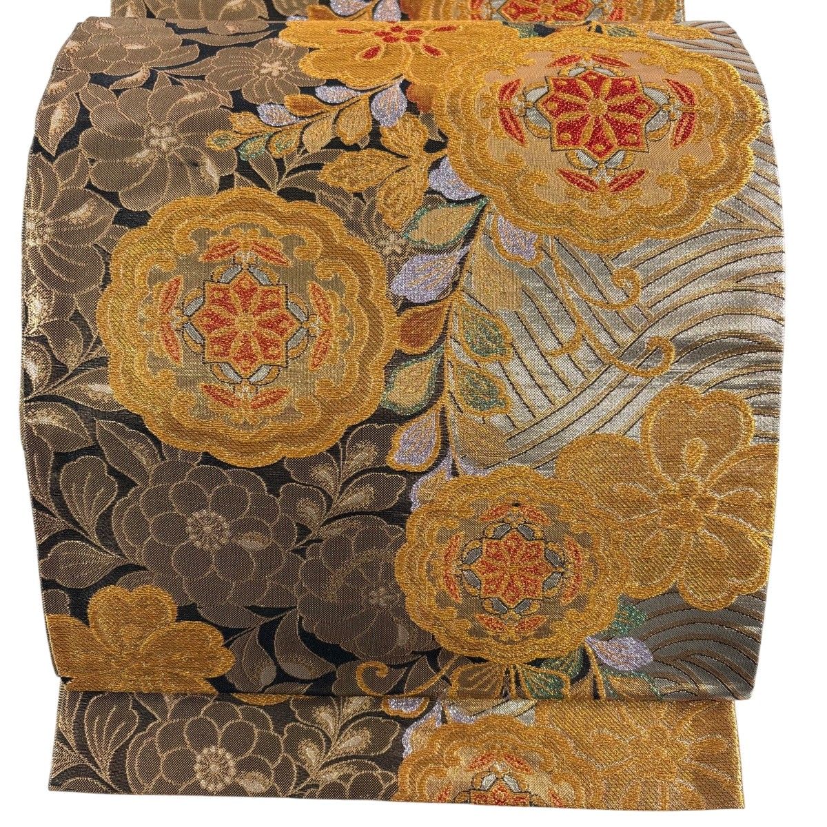 【美品】 袋帯 秀品 華文 波 金糸 箔 金色 六通 正絹 【中古】
