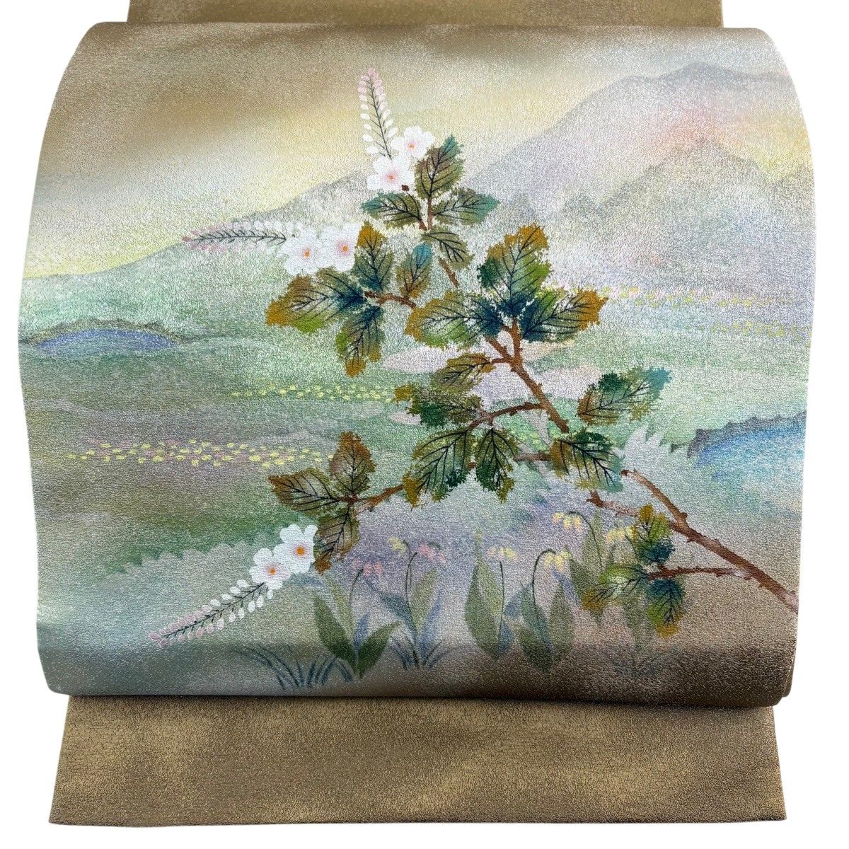 【美品】 袋帯 秀品 枝花 風景 銀通し ぼかし 鶯色 お太鼓柄 正絹 【中古】